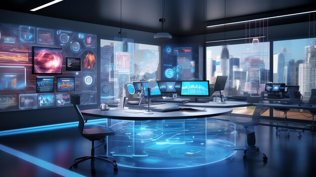 futuristic business workspace technologies with holographic displays