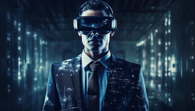 Futuristic businessman in blue suit uses virtual reality generated by AI