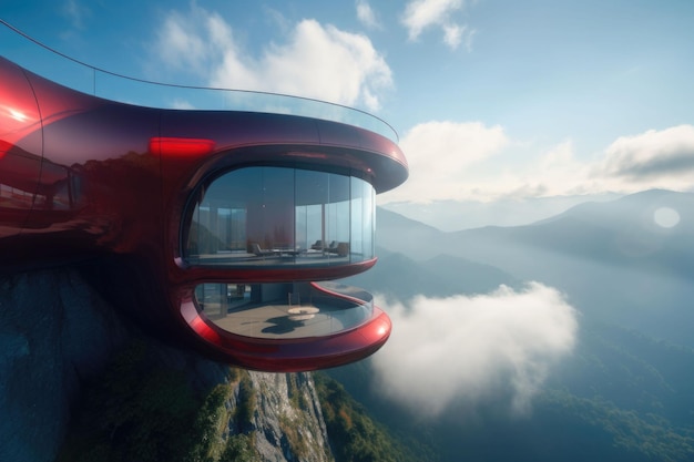 Futuristic cantilever circular arc shaped house in the mountains Steel fluid geometry Generative AI