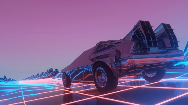 Futuristic car in 80s style moves on a virtual neon landscape