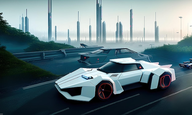 미래의 도시를 배경으로 한 미래형 자동차
