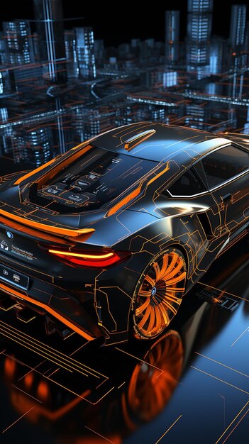 Photo futuristic car blueprint cyberpunk style big size full of features dmt style bonnet 8k resolution