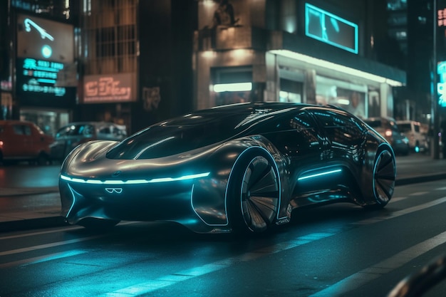 A futuristic car in the city of los angeles.