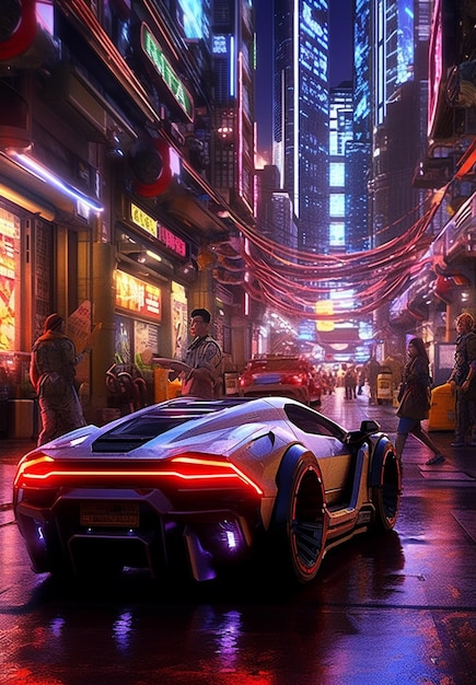 Футуристический автомобиль в городе ночью с неоновыми огнями, генерирующий искусственный интеллект