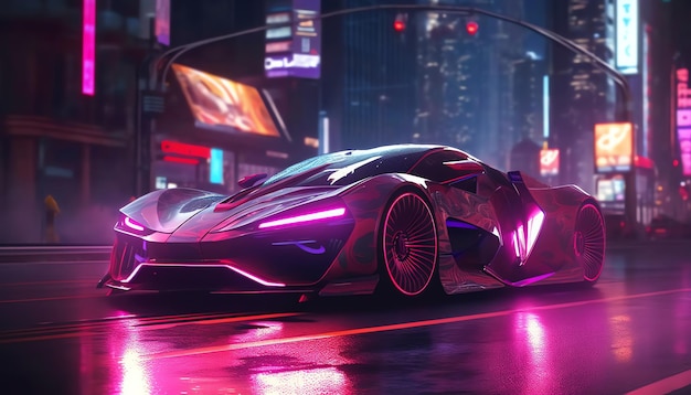 A futuristic car in the city with neon lights
