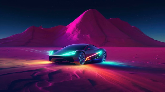 A futuristic car in the desert with mountains in the background