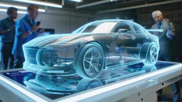 Photo futuristic car design presentation in virtual showroom aig