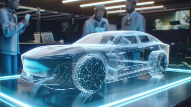 Futuristic car design presentation in virtual showroom aig