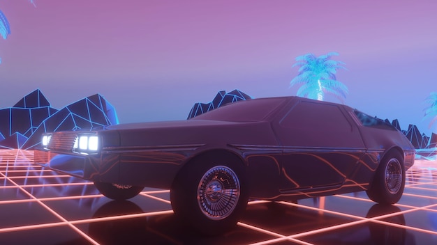 Futuristic car drive through neon abstract space. Retrowave background. 3d rendering.