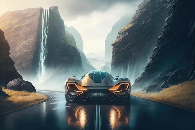 Futuristic car drives on misty mountain highway overlooking towering cliffs and waterfalls