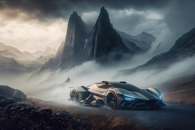 Futuristic car drives past mountain range with foggy and misty atmosphere