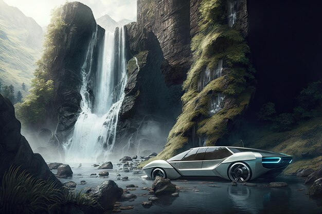 Futuristic car drives past towering waterfall in breathtaking natural setting