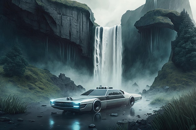 Futuristic car drives past towering waterfall with misty spray