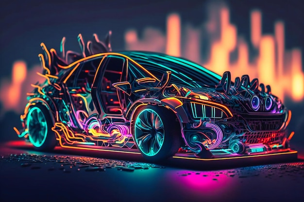 A futuristic car drives through a city with vibrant neon lights