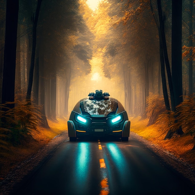 Futuristic car driving down road in the middle of forest Generative AI