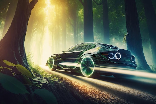 Futuristic car driving through serene forest with sunlight filtering through the trees