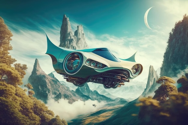 Futuristic car flies over mountains surrounded by greenery and clear blue sky