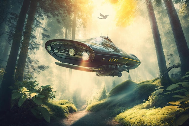 Futuristic car flying above a lush forest with sunlight shining through the trees