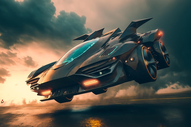 A futuristic car flying in the sky with a cloudy sky in the background.