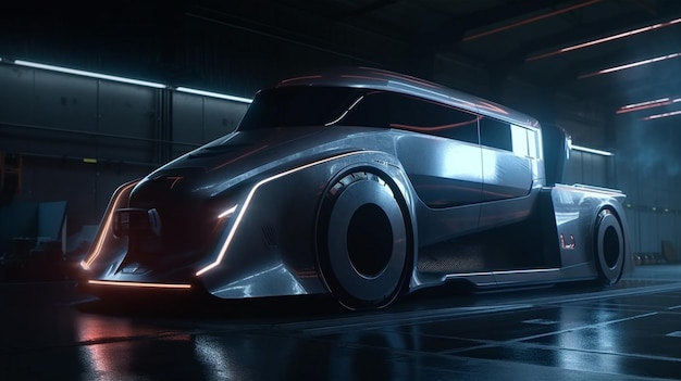 A futuristic car from the future is shown in a dark room.