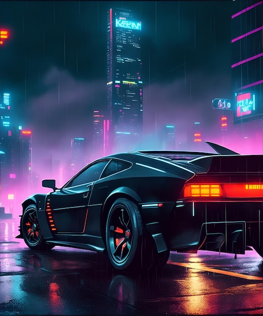 Photo futuristic car from the future in retro style on the background of the city generative ai