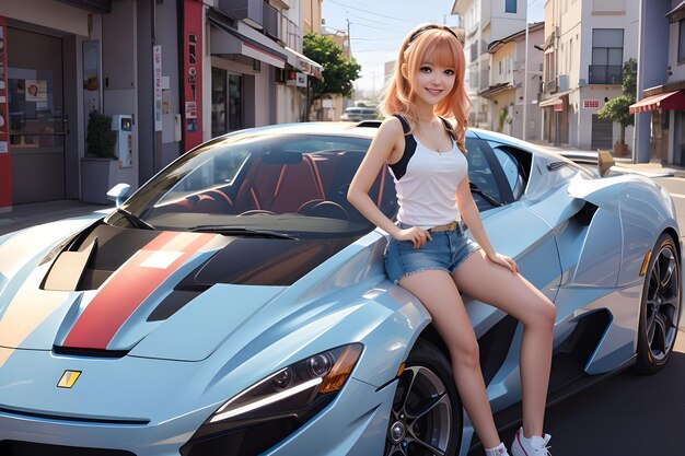 Photo futuristic car and girl