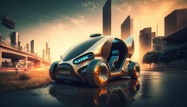 A futuristic car is on a city street.