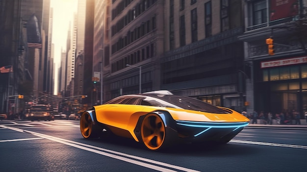 A futuristic car is driving on a city street.