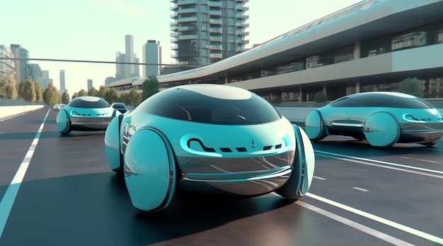 A futuristic car is driving on a highway.