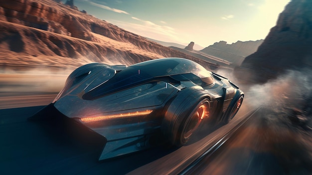 A futuristic car is driving through a desert.