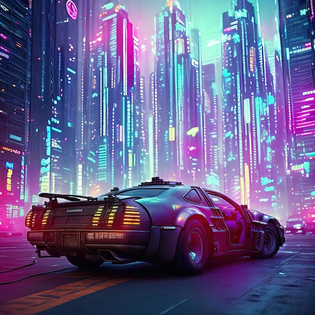 Photo a futuristic car is in front of a cityscape.