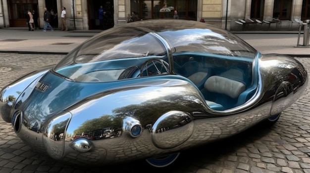 A futuristic car is parked on a cobblestone street.