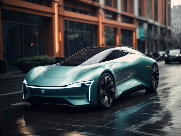 a futuristic car is parked on a wet street in the rain