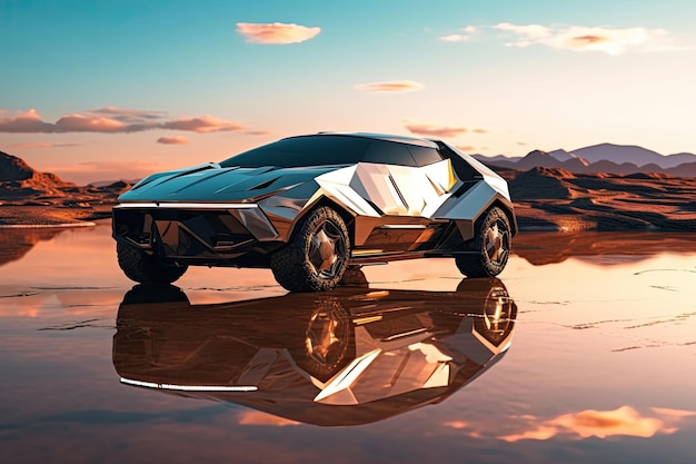 A futuristic car is reflected in a pool of water