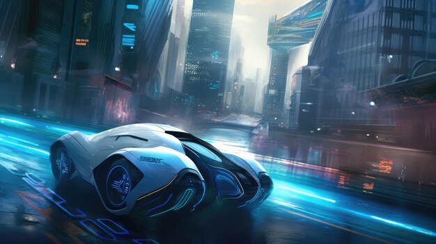 A futuristic car is on the road in the city.