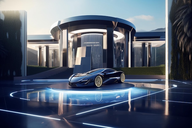 A futuristic car is on a road in front of a building.