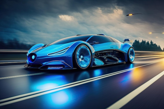 A futuristic car is on the road in the rain.