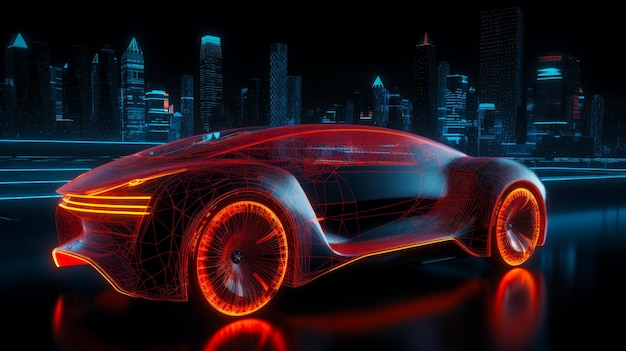 Futuristic car is shown in front of cityscape at night Generative AI