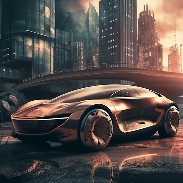 A futuristic car is shown in front of a cityscape.