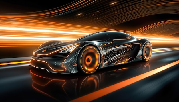 A futuristic car is shown in a motion blur.