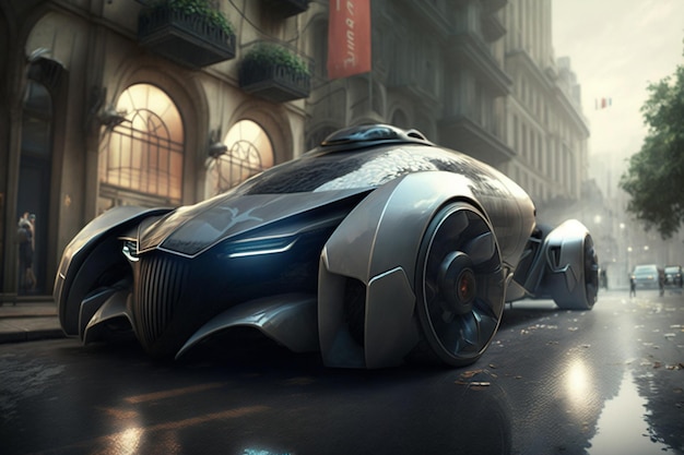 A futuristic car is on the street in paris.