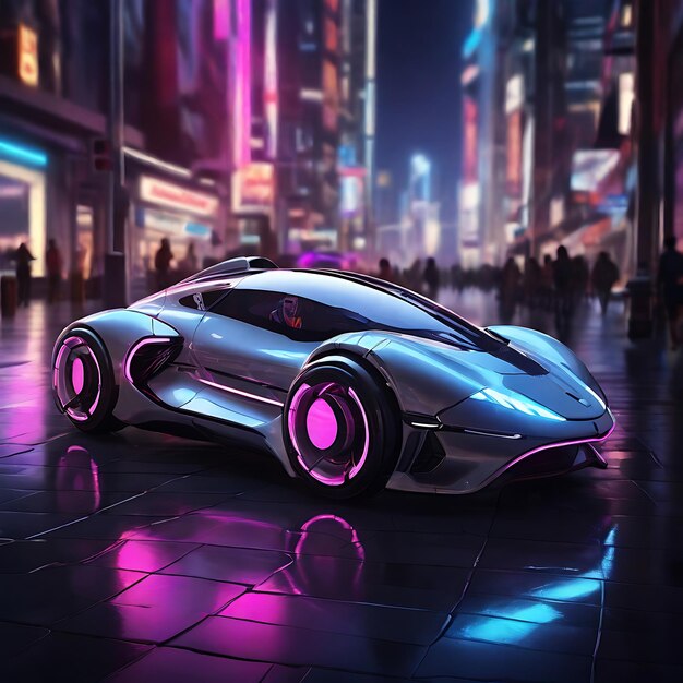 a futuristic car is on the street with a purple light