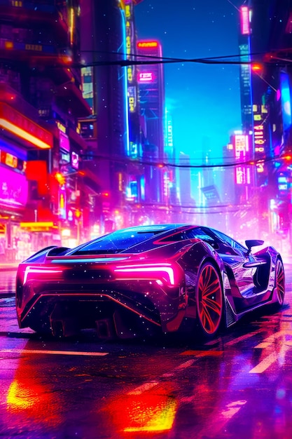 Futuristic car in the middle of city at night with neon lights Generative AI