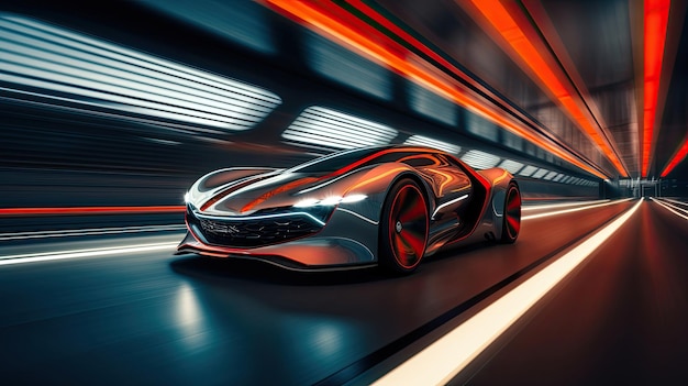 Futuristic car in motion front perspective view