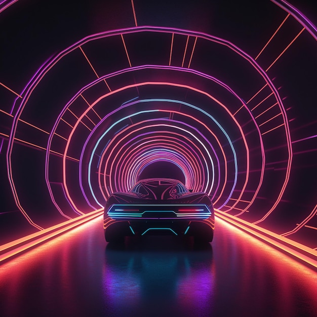 Futuristic Car Racing Through NeonLit Tunnel