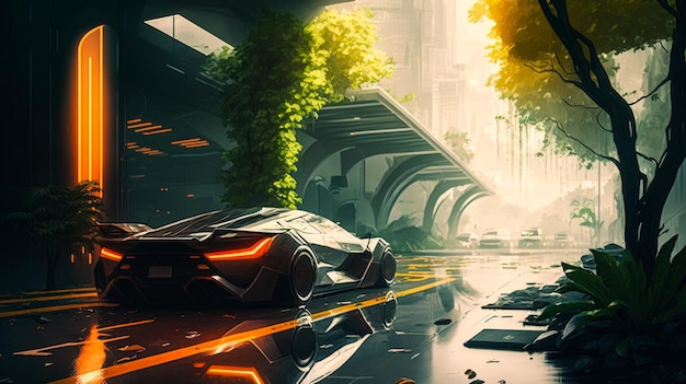 Futuristic car in the rain on city street Generative AI