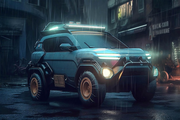 A futuristic car in the rain with the lights on