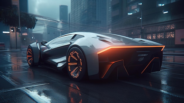 A futuristic car in the rain.