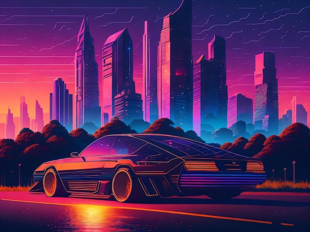 A futuristic car on the road in a cyberpunk city
