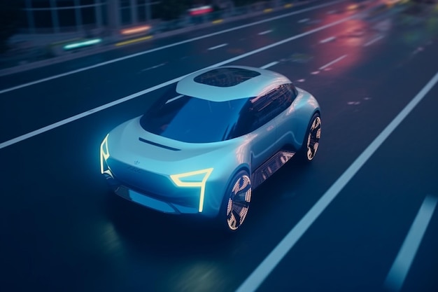 A futuristic car on a road with lights on the front.